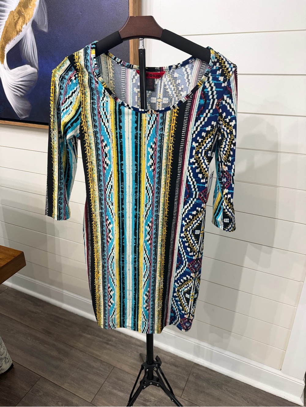 Striped & Geo Print Scoop Neck Dress in Teal Multi - Picture 2 of 5